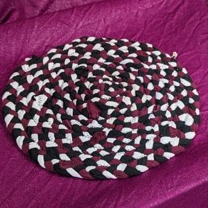 Upcycled fabric trivet hot pad- dark red, white, and black